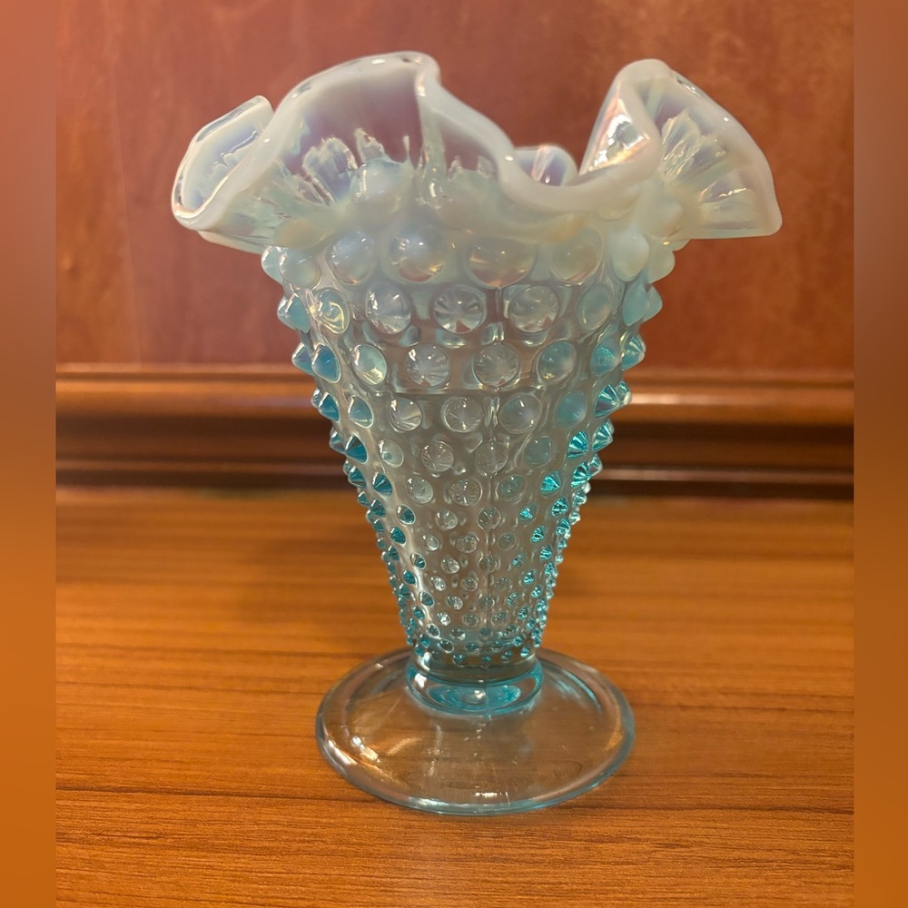 Fenton Art Glass 6” Aqua Blue Opalescent Hobnail Ruffled Trumpet Vase